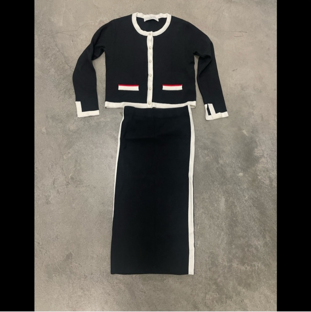ZARA Black Cardigan w/ Faux Pearl Buttons with Matching Midi Skirt - Picture 2 of 13